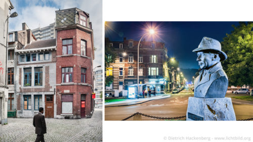 Lüttich, Geburtsstadt von Georges Simenon - Liege, Belgien Seitenstraße im Stadtteil Outremeuse. Simenon Büste am Place de Congres - Foto © Dietrich Hackenberg