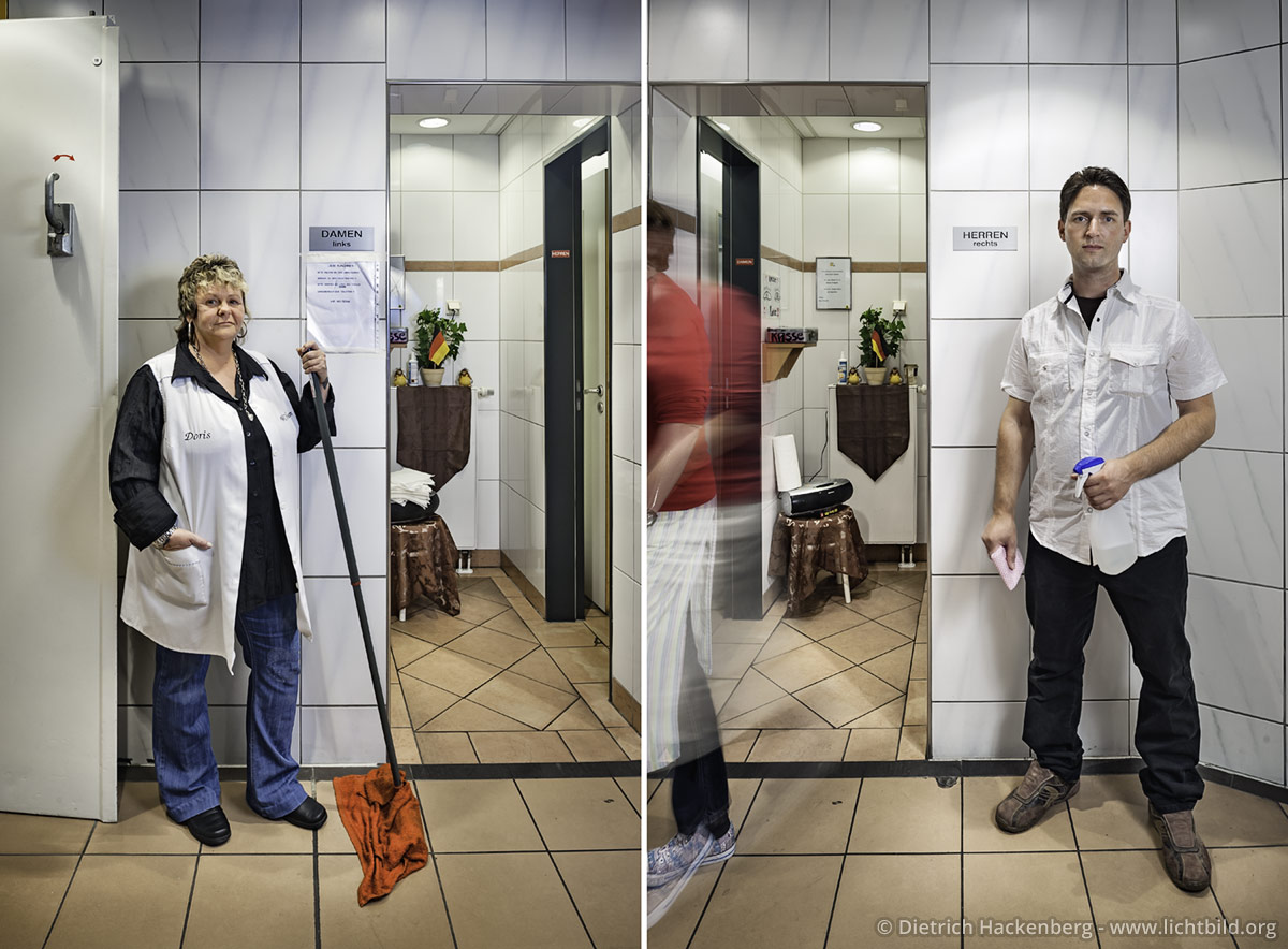 Arbeitsplatz Toilette - Dortmund - Klofrau Doris und Klomann Torsten betreuen die WC-Anlage in einem Kaufhaus - Foto © Dietrich Hackenberg
