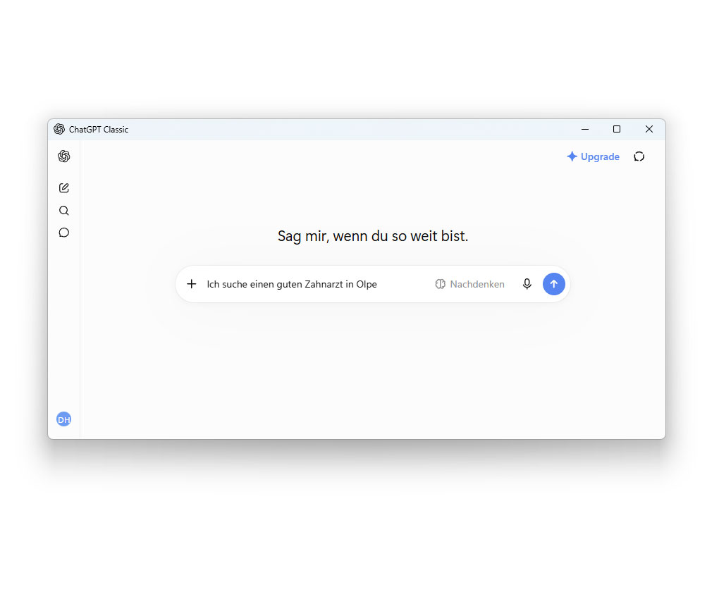 Chatgtp Anfrage Screen: Ich suche einen guten Zahnarzt in Olpe