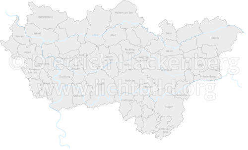 Grafik Karte Ruhrgebiet mit Kreisgrenzen und Beschriftung - Verfügbar in allen Größen und Farben - Grafik © Hackenberg