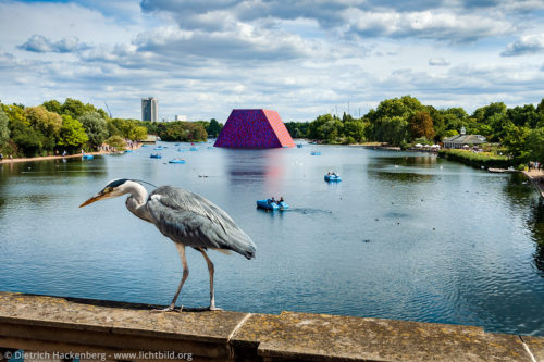 „The Mastaba“ - London, Großbrtannien - Kunstprojekt von Christo und Jeanne-Claude auf dem Serpentine Lake, hinter dem Kensington Palace. Mastabas sind trapezförmige Grabbauten, deren Ursprünge in Mesopotamien liegen. Foto © Dietrich Hackenberg