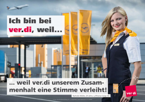 Plakatentwurf mit Verdi Lufthansa Cargo Mitarbeiterin - Foto © Dietrich Hackenberg