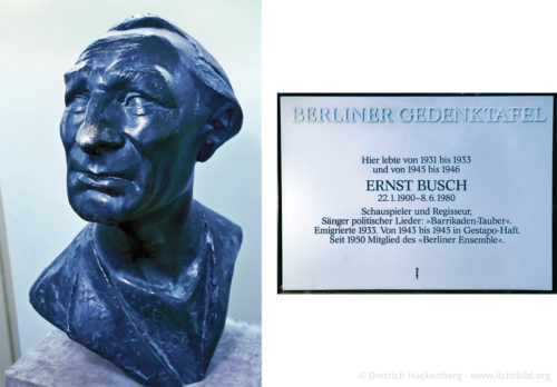 Büste und Gedenktafel des Schauspielers und Sängers Ernst Busch - Büste im Foyer Hochschule für Schauspielkunst Ernst Busch, Schnellerstraße 104, Berlin - Gedenktafel am Haus Bonner Straße 11, Berlin - Foto © Dietrich Hackenberg