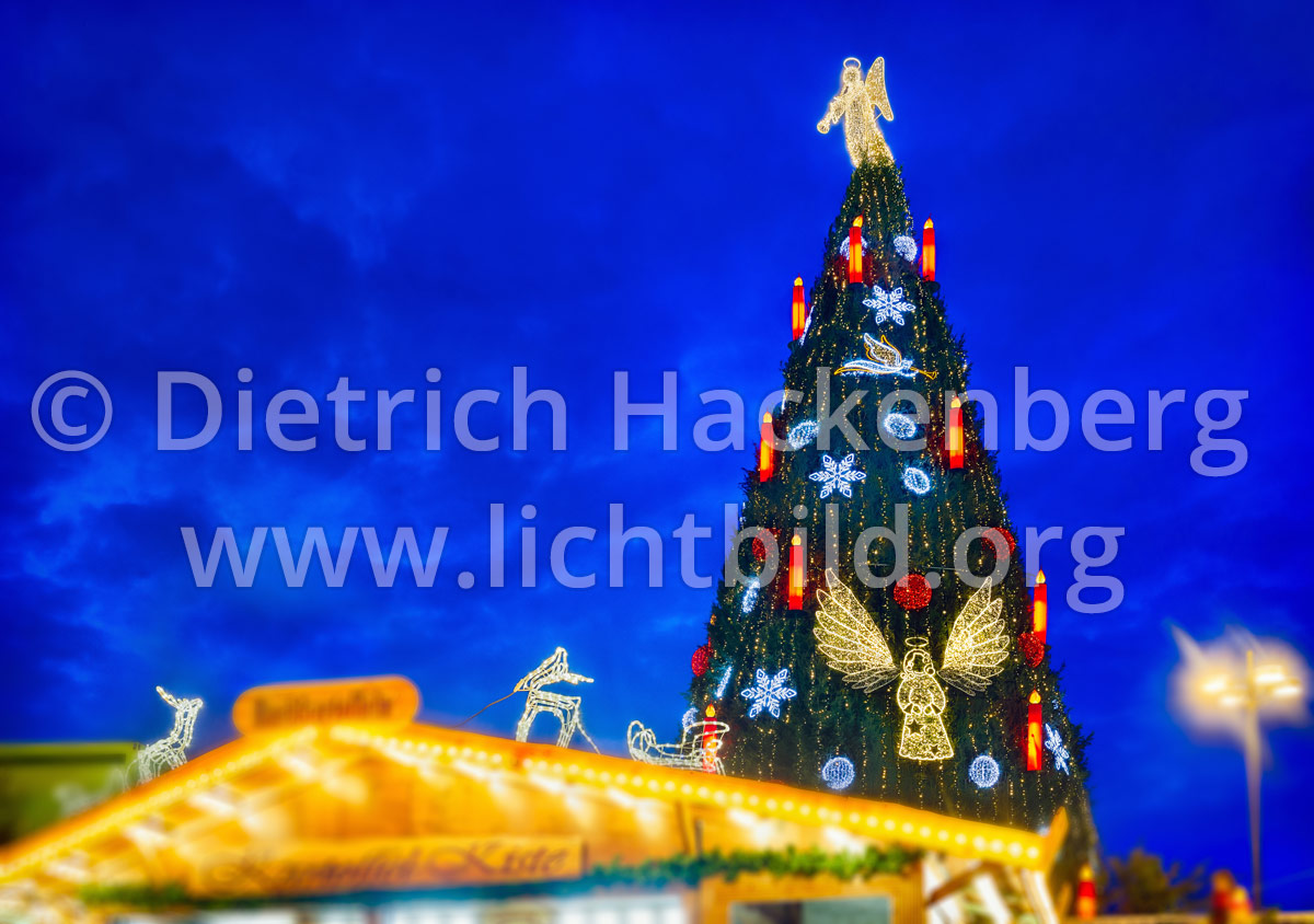 Großer Weihnachtsbaum und Bude - Weihnachtsmarkt Dortmund (Dortmunder Weihnachtsstadt) Mit Himmel als Freifläche für Grafik - Foto © Dietrich Hackenberg