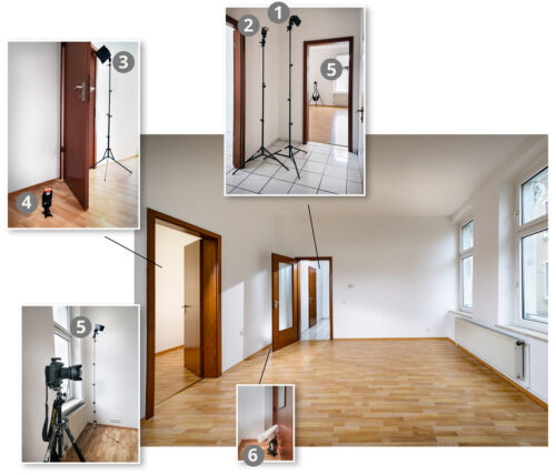 Positionen der Blitze - Beispiel Immobilienfotografie. Foto Dietrich Hackenberg