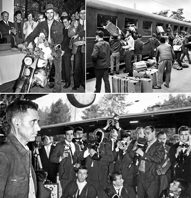 Der Arbeitgeberverband empfängt den millionsten Gastarbeiter Armando Rodrigues de Sá auf dem Bahnhof Köln Deutz am 10.09.1964 Der Gastarbeiter erhält ein Moped als Geschenk. Der 1979 in seiner Heimat verstorbene Migrant, wurde zum "Medienstar", seine Moped steht heute im Haus der Geschichte. Foto Koch