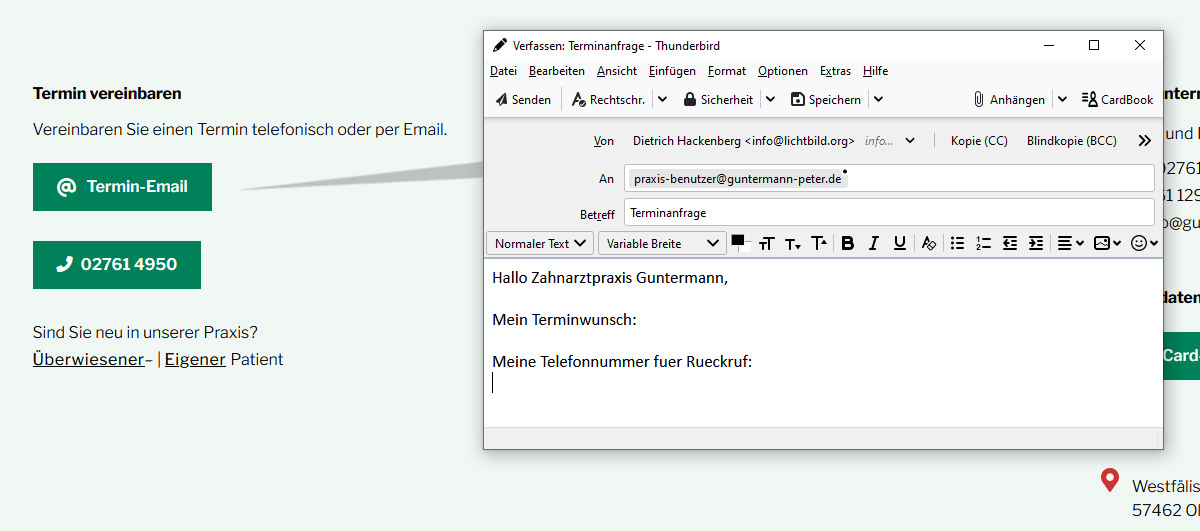 Terminanfrage-E-Mail öffnet sich mit vorgegebenem Text im E-Mailprogramm des Nutzers (hier Thunderbird)