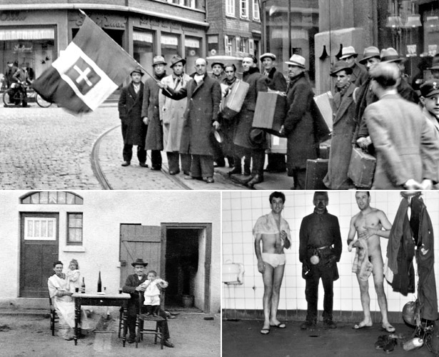 Ankunft von Italienischen Arbeitern in Hattingen 1940er, Italienische Arbeiterfamilie in Bottrop 1910er und Italienischer Bergmann in der Weiss-Kaue Gelsenkirchen 1960er. Quellen: Stadtarchiv Hattingen, Quadrat Bottrop und privat