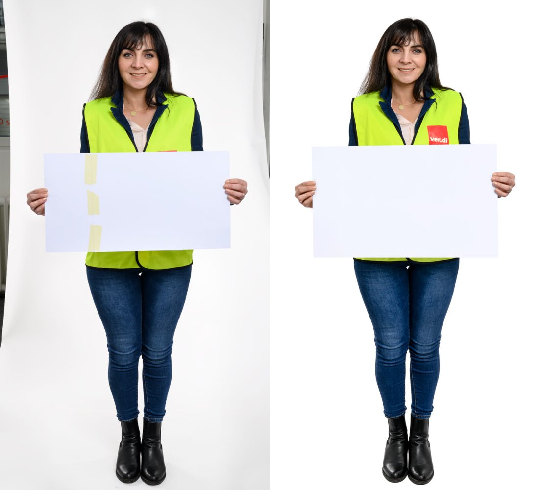 Ganzkörperportrait mit weißem Karton — vor und nach Bearbeitung