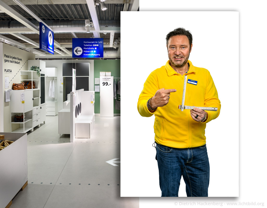 Montage eines Portraits des Mitarbeiters: Fotografiert vor weißem Hintergrund im Studio und auf einen passend fotografierten Hintergrund des Ikea-Schauraums freigestellt.