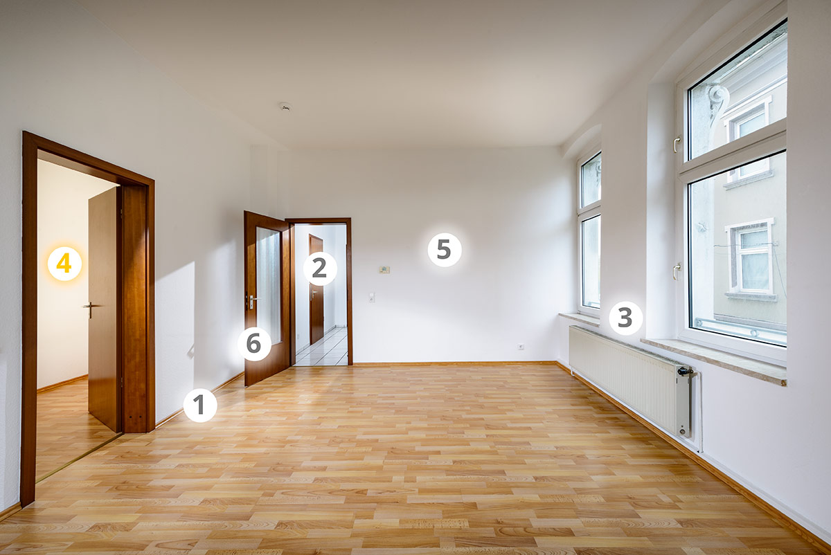Die Nummern zeigen den Effekt des jeweiligen Blitzes. 
1. Lichtstrahl durch die Tür
2. Aufhellung des Flurs
3. Aufhellung von Boden und Fensterwand durch die Seitentür
4. Warme Aufhellung des Raumes an der Seite.
5. Raumaufhellung aus Kamerarichtung
6. Lichteffekt hinter der Tür und Aufhellung Schei durch das Türglas
