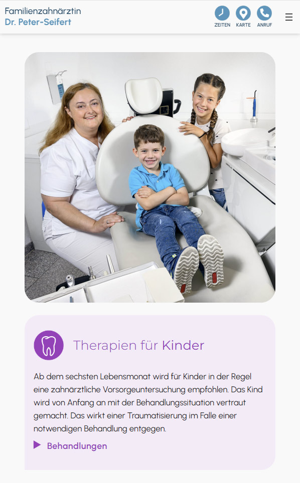 Screenshot der Smartphone-Anzeige des Sticky-Menüs mit den Buttons zu den Sprechzeiten, zur Lagekarte und zum Anrufen.
