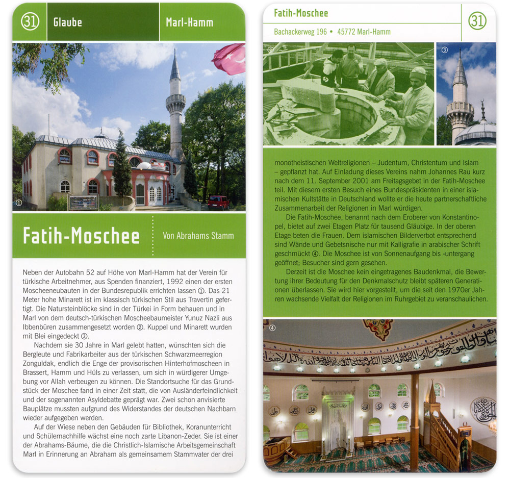 Kärtchen zur Moschee in Marl aus der Reiseführerbox Fremde Impulse Baudenkmale im Ruhrgebiet.
