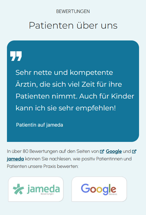 positive Kritik einer Patientin und Bildlinks zu google und jameda Bewertungsseiten