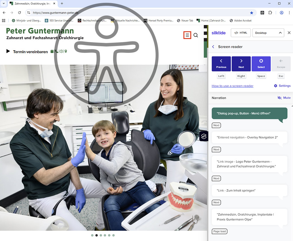 Webseite beim Test der Barrierefreiheit mit dem Programm Silktide. Grafik darüber zeigt ein Symbol für Barrierefreiheit.