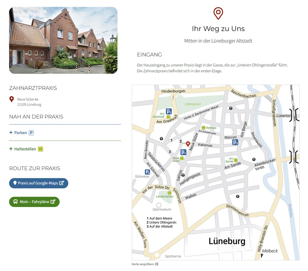 Screen Webseite Anfahrt mit Karte und Infos zu Parken und Haltestellen